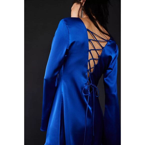 NWT Free People DELFI Amber Mini Shift Dress $368 SMALL Colbalt Blue Long Sleeve - Picture 1 of 4